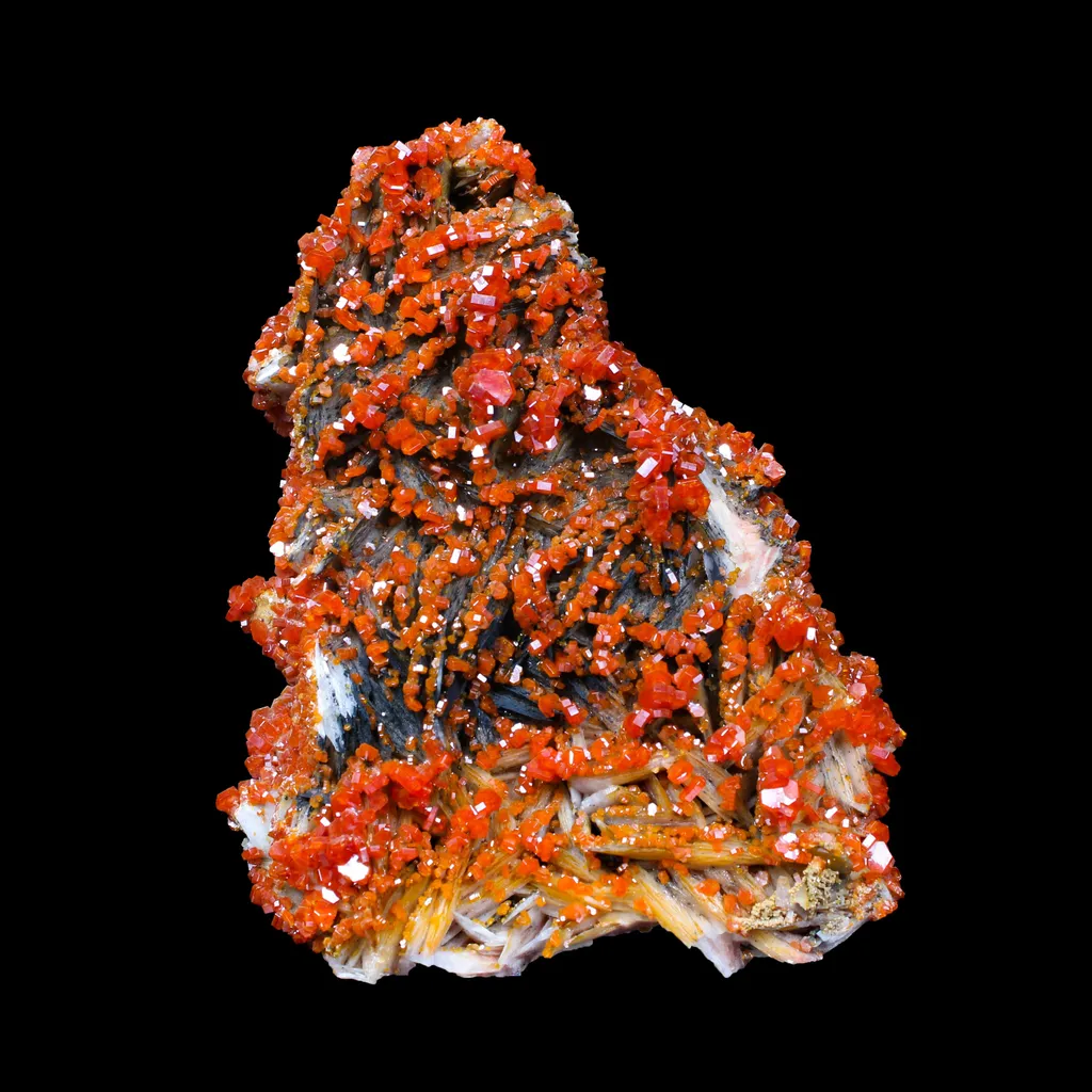 Lustrous Red Vanadinite on Black Blade Barite - Natural Raw Mineral Specimen from Mibladen, Morocco image