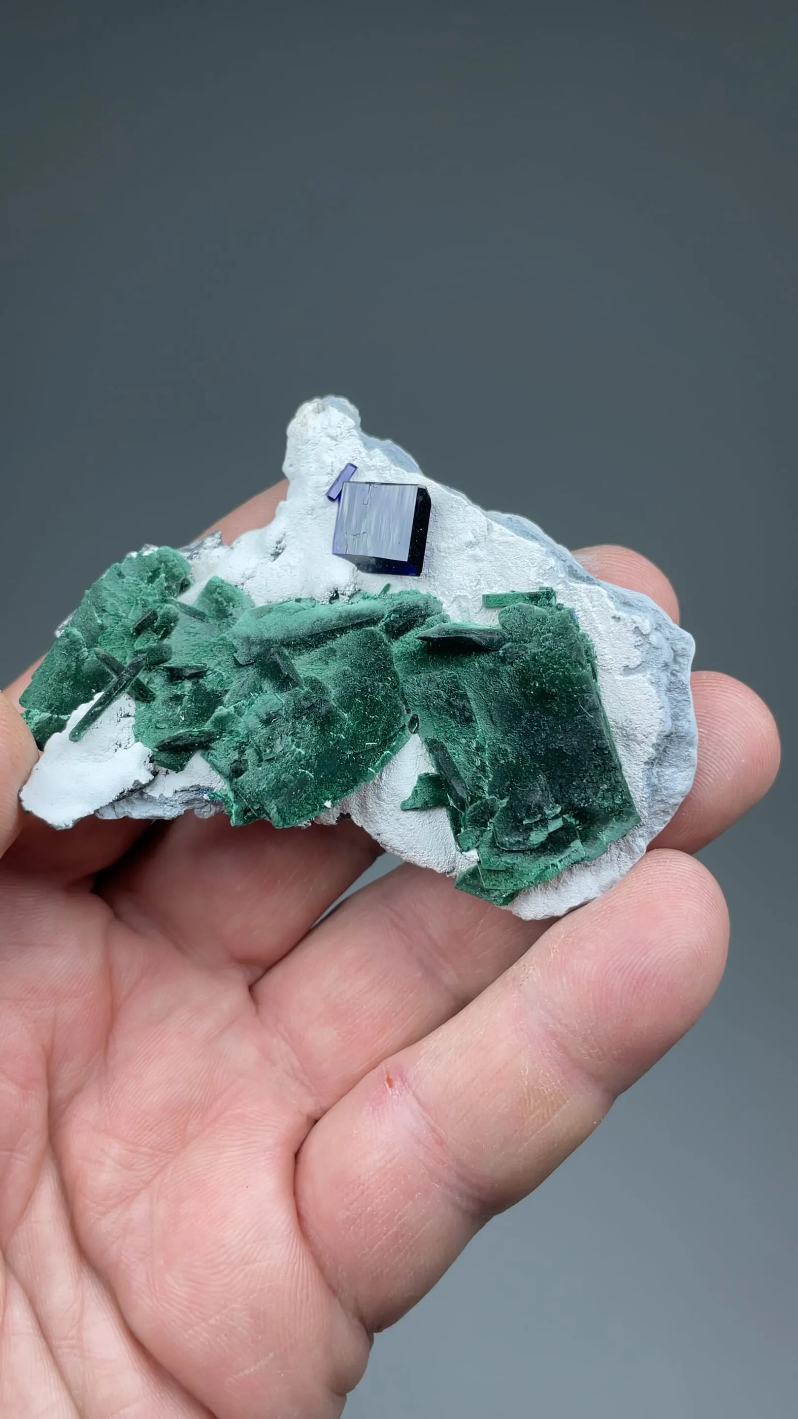 Malachite after Azurite with Azurite, Dickite - image 2