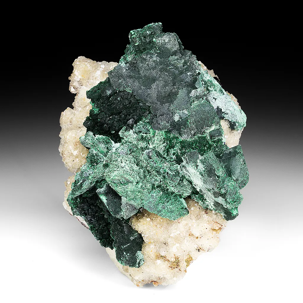 Malachite after Azurite with Calcite, Quartz image