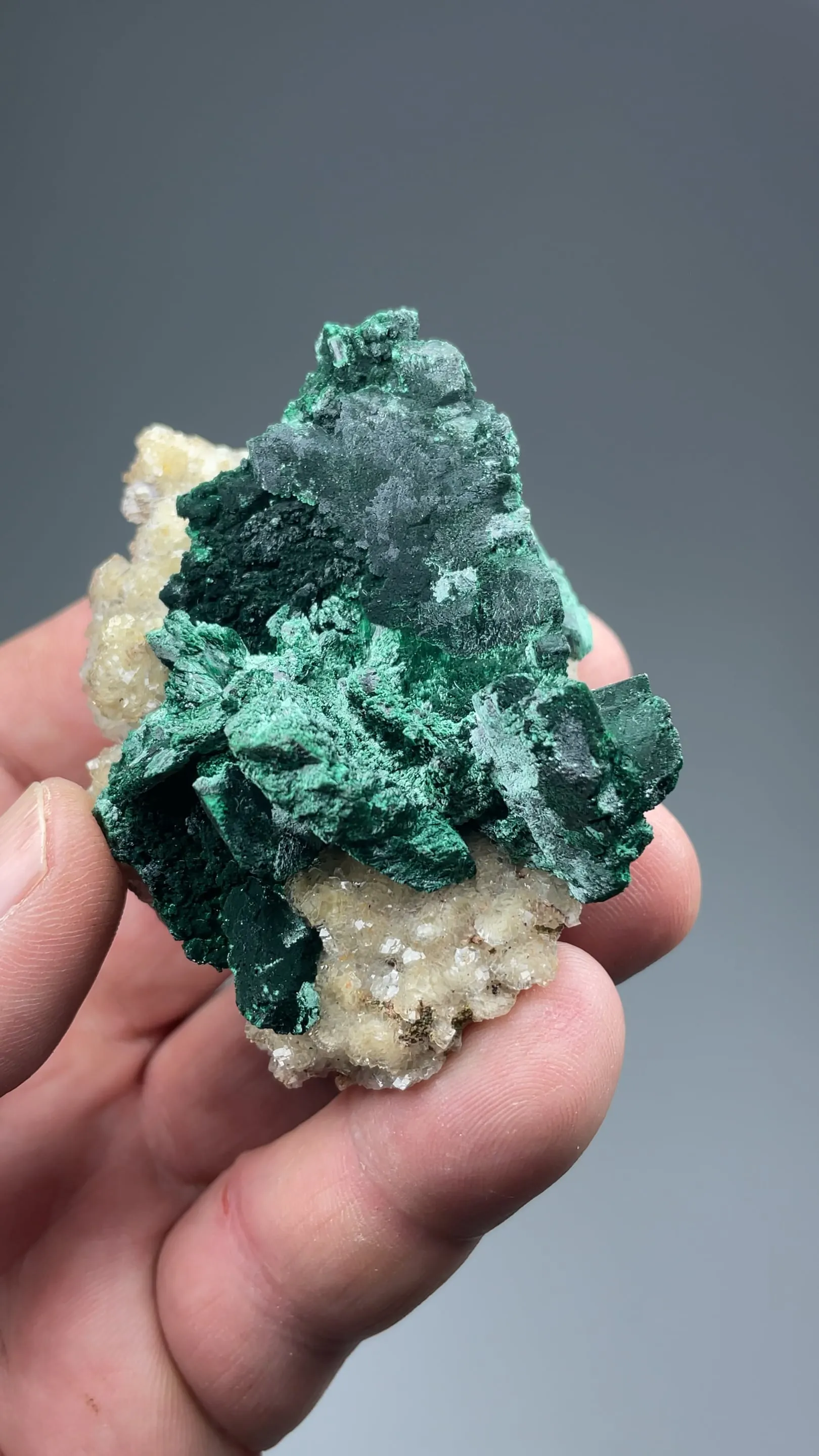 Malachite after Azurite with Calcite, Quartz - image 2