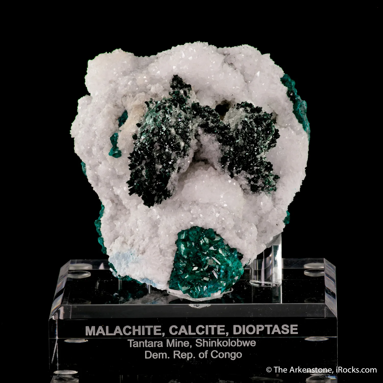 Malachite and Calcite on Dioptase - image 1