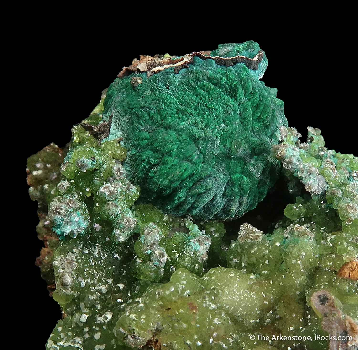 Malachite ps. Azurite on Cuprian Smithsonite - image 1