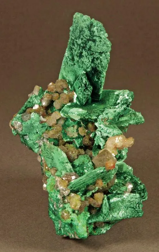 Malachite pseudomorph after Azurite, Cerussite, Calcite with Chalcotrichite inclusions - image 1