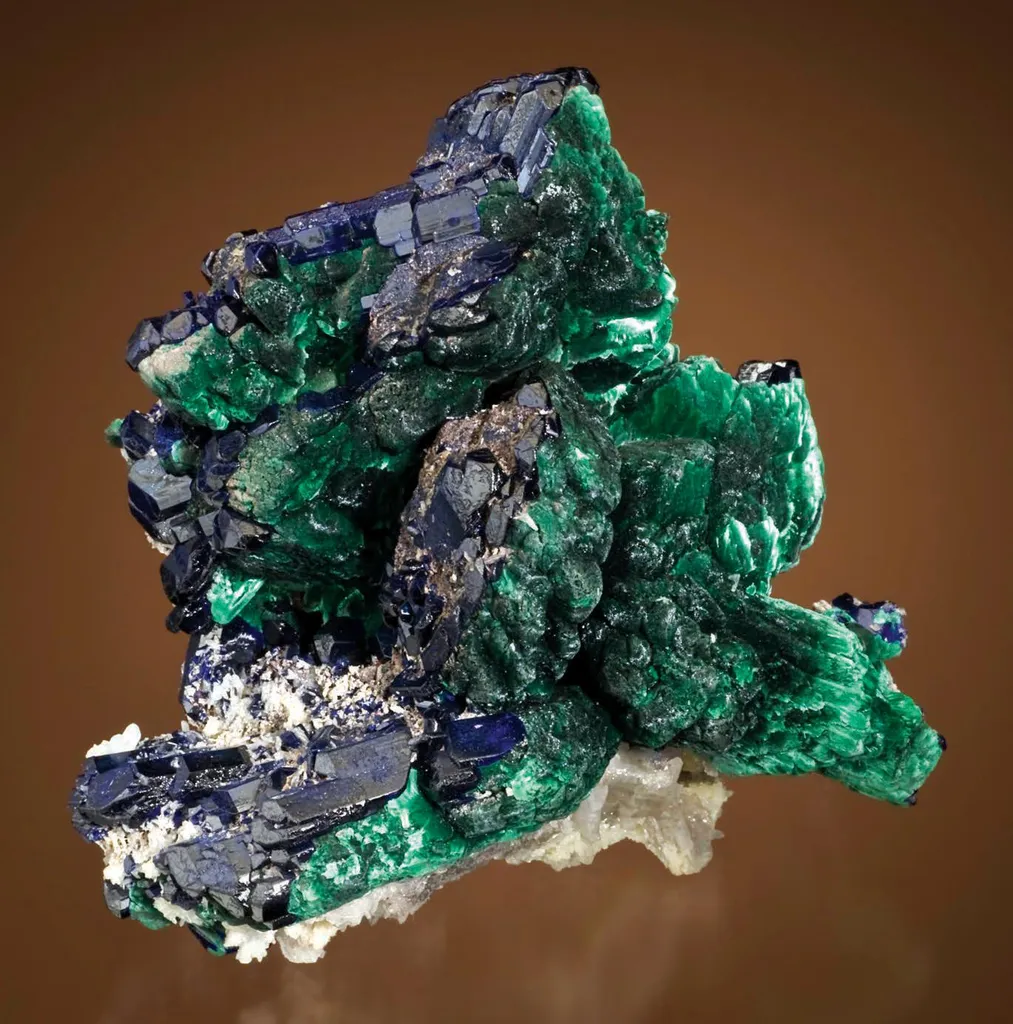 Malachite pseudomorphs after Azurite, unaltered Azurite image