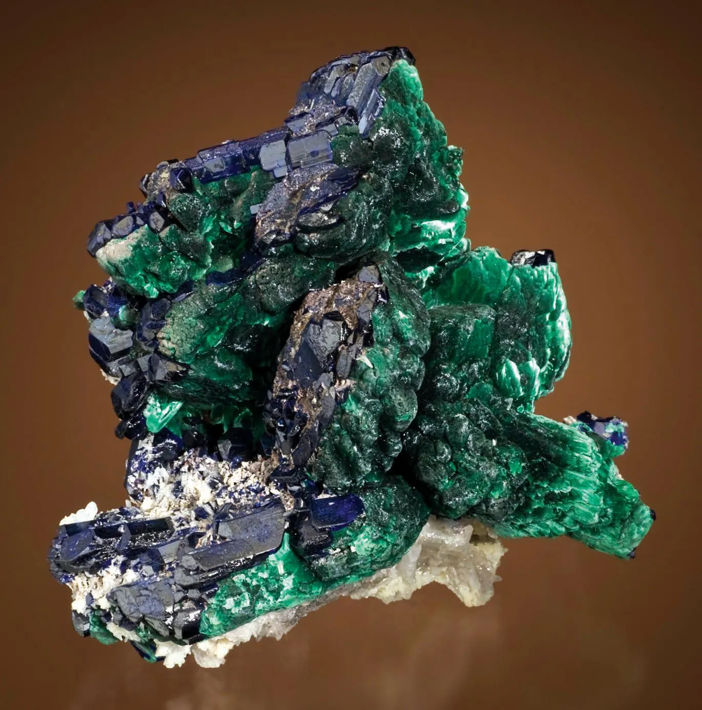 Malachite pseudomorphs after Azurite, unaltered Azurite - image 1