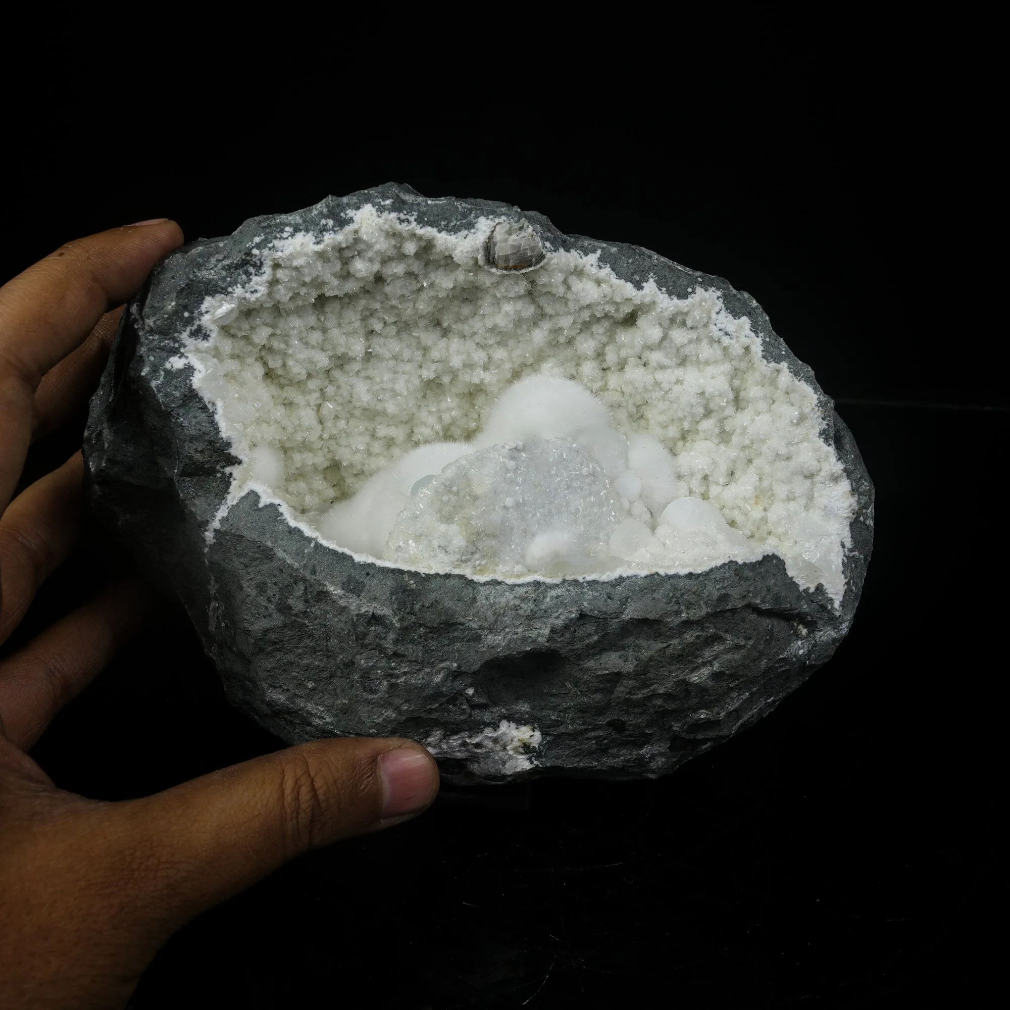 Massive Raw Okenite Big Puffballs Inside Chalcedony Geode | Huge Indian Zeolite Mineral Specimen from Mumbai, India - image 4