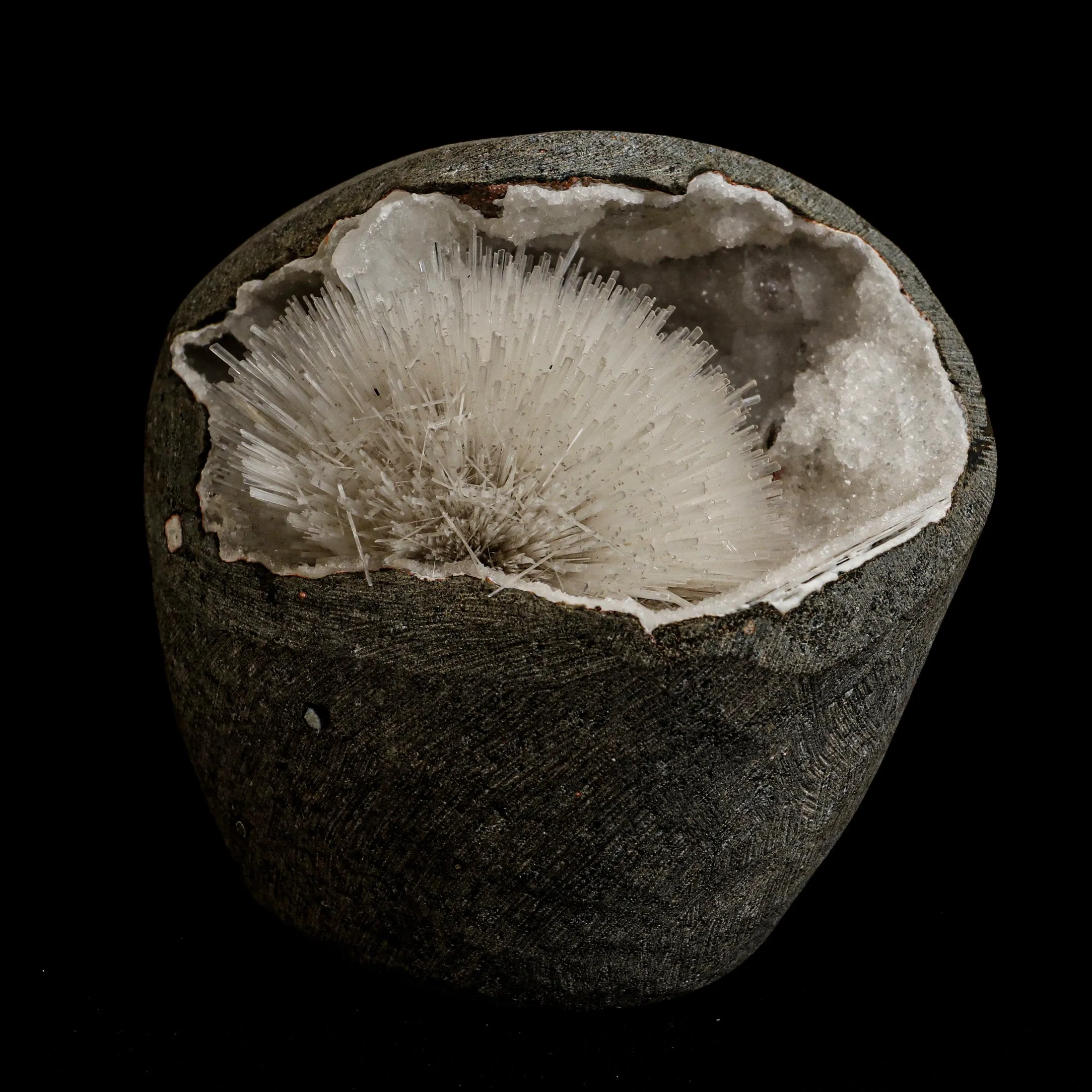Mesolite Sphere Sprays Inside MM Quartz Geode Natural Mineral Specimen - image 3