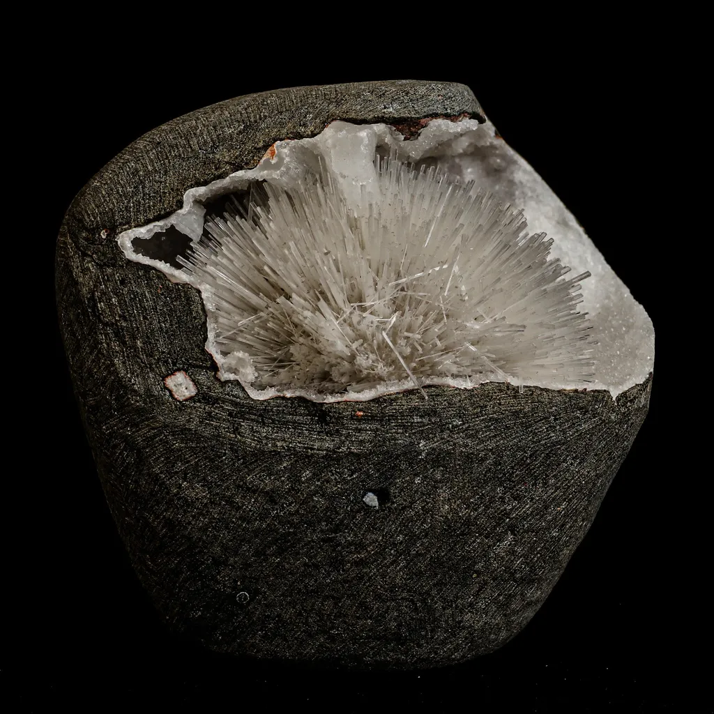Mesolite Sphere Sprays Inside MM Quartz Geode Natural Mineral Specimen image