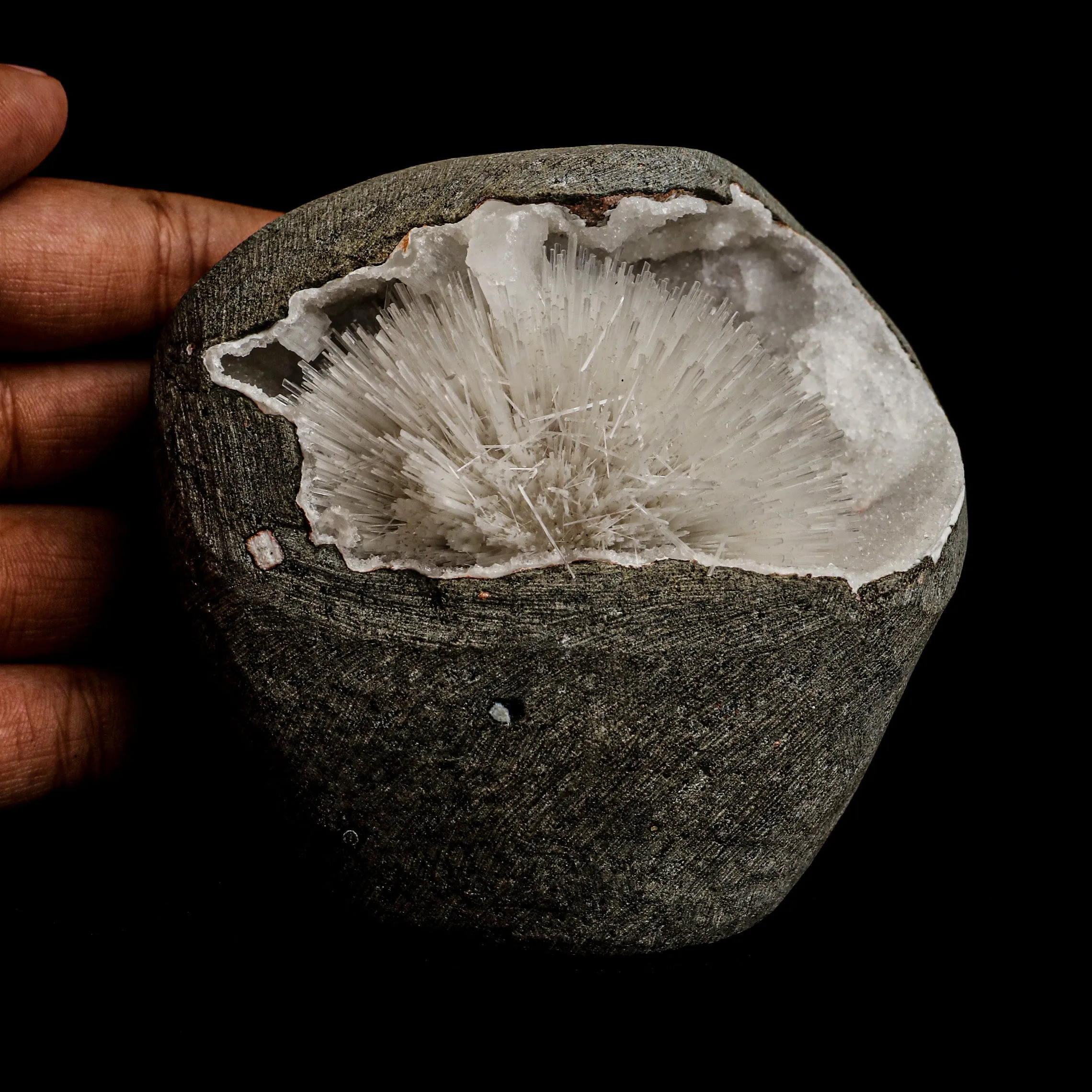 Mesolite Sphere Sprays Inside MM Quartz Geode Natural Mineral Specimen - image 4