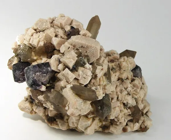 Microcline, Quartz (Var: Smoky Quartz), Fluorite image
