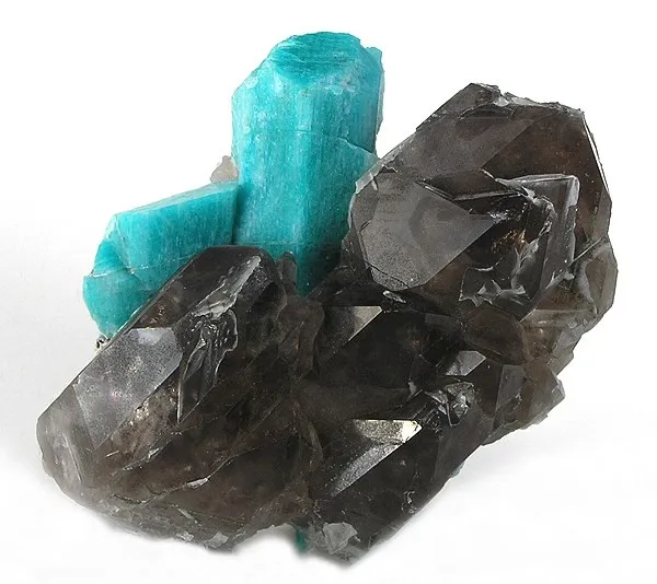 Microcline (Var: Amazonite), Quartz (Var: Smoky Quartz) image