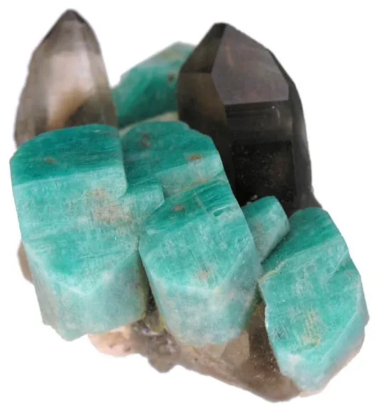 Microcline (Var: Amazonite), Quartz (Var: Smoky Quartz), Albite image
