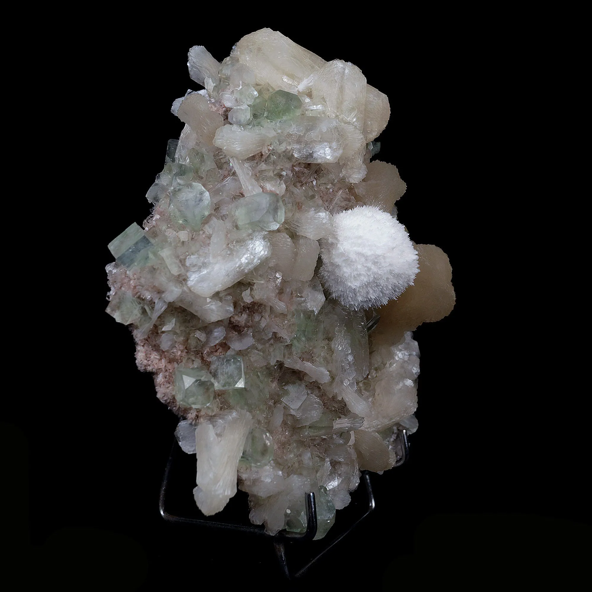 Mordenite Ball on Green Apophyllite with Stilbite Cluster Natural Mineral Specimen - image 5