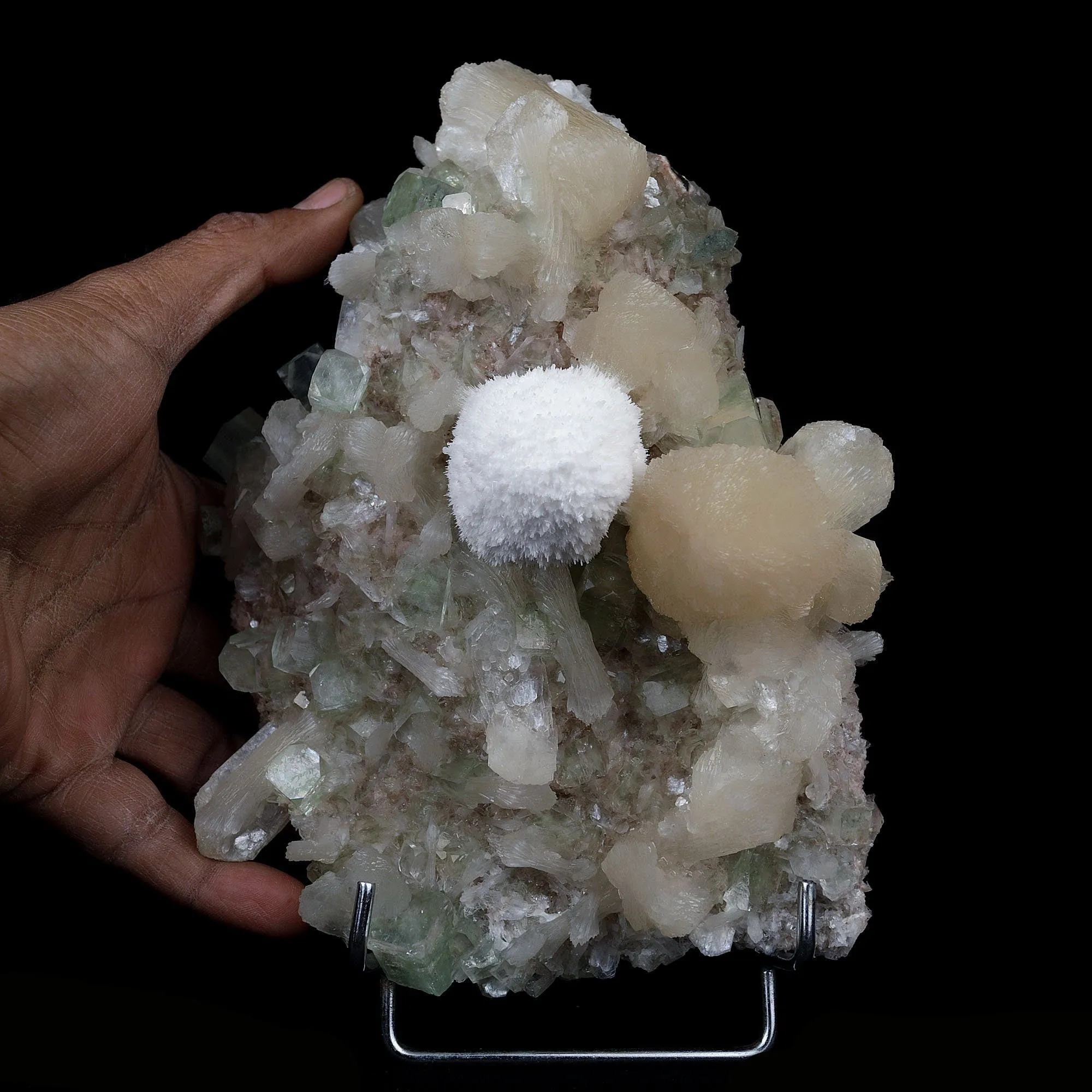Mordenite Ball on Green Apophyllite with Stilbite Cluster Natural Mineral Specimen - image 4