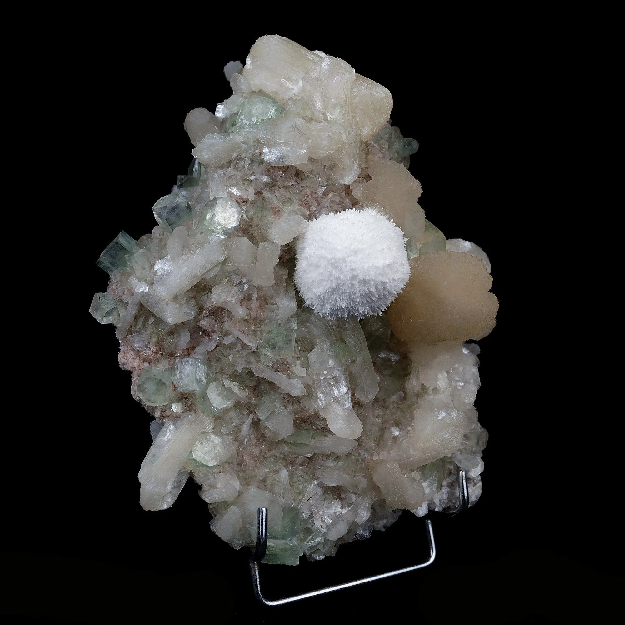 Mordenite Ball on Green Apophyllite with Stilbite Cluster Natural Mineral Specimen - image 2