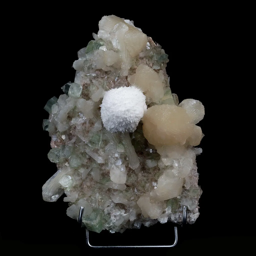 Mordenite Ball on Green Apophyllite with Stilbite Cluster Natural Mineral Specimen image