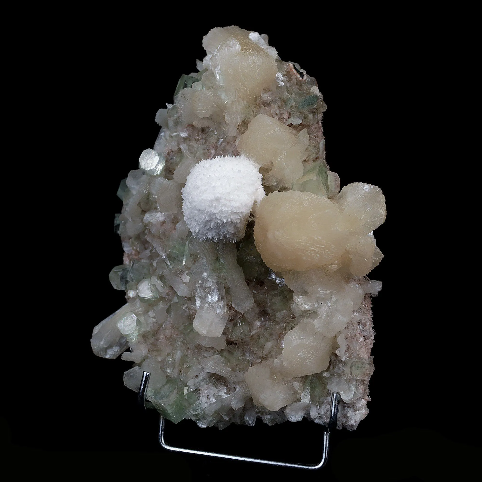 Mordenite Ball on Green Apophyllite with Stilbite Cluster Natural Mineral Specimen - image 3