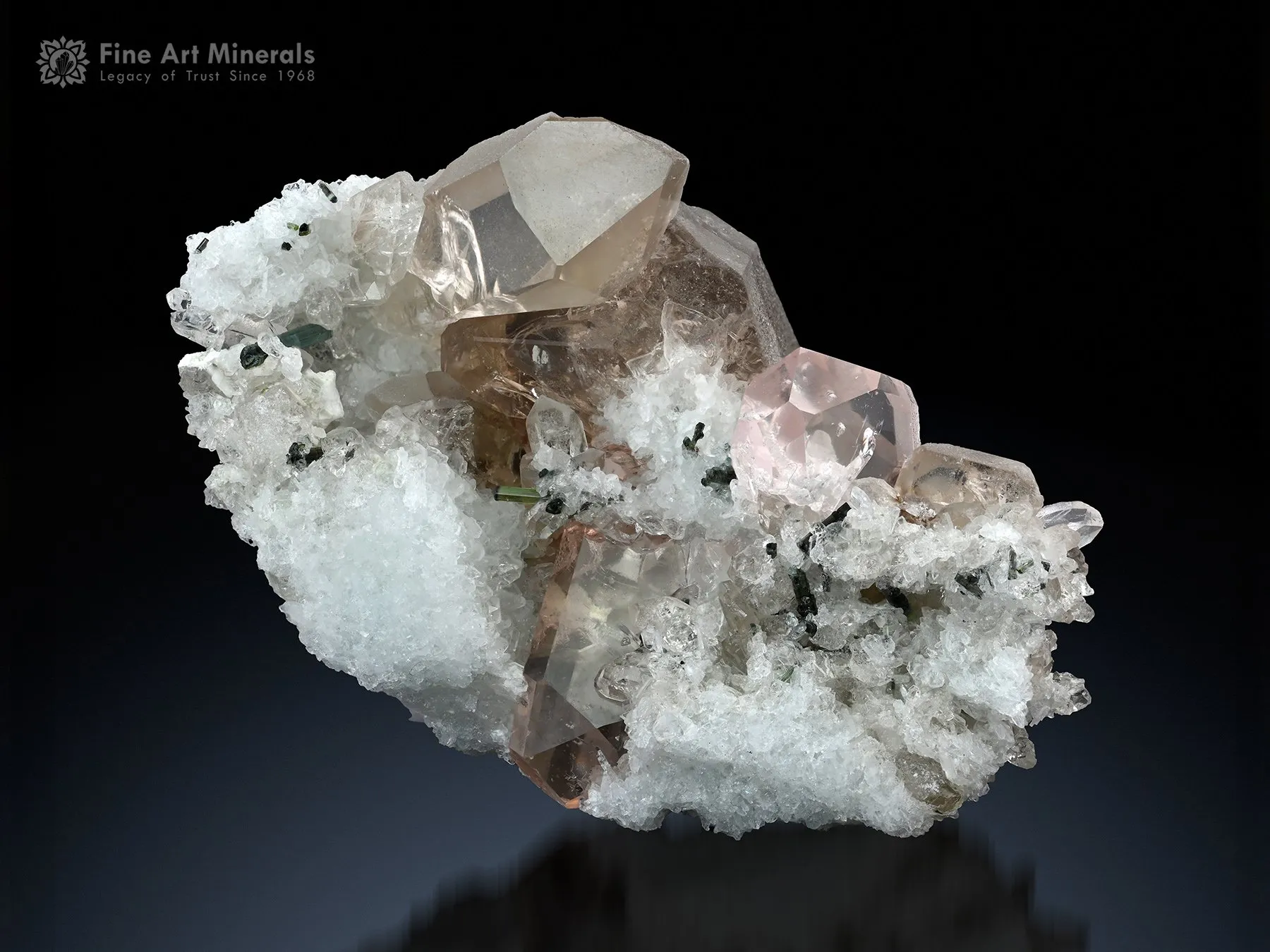 Morganite with Tourmaline and Quartz on Albite - image 1