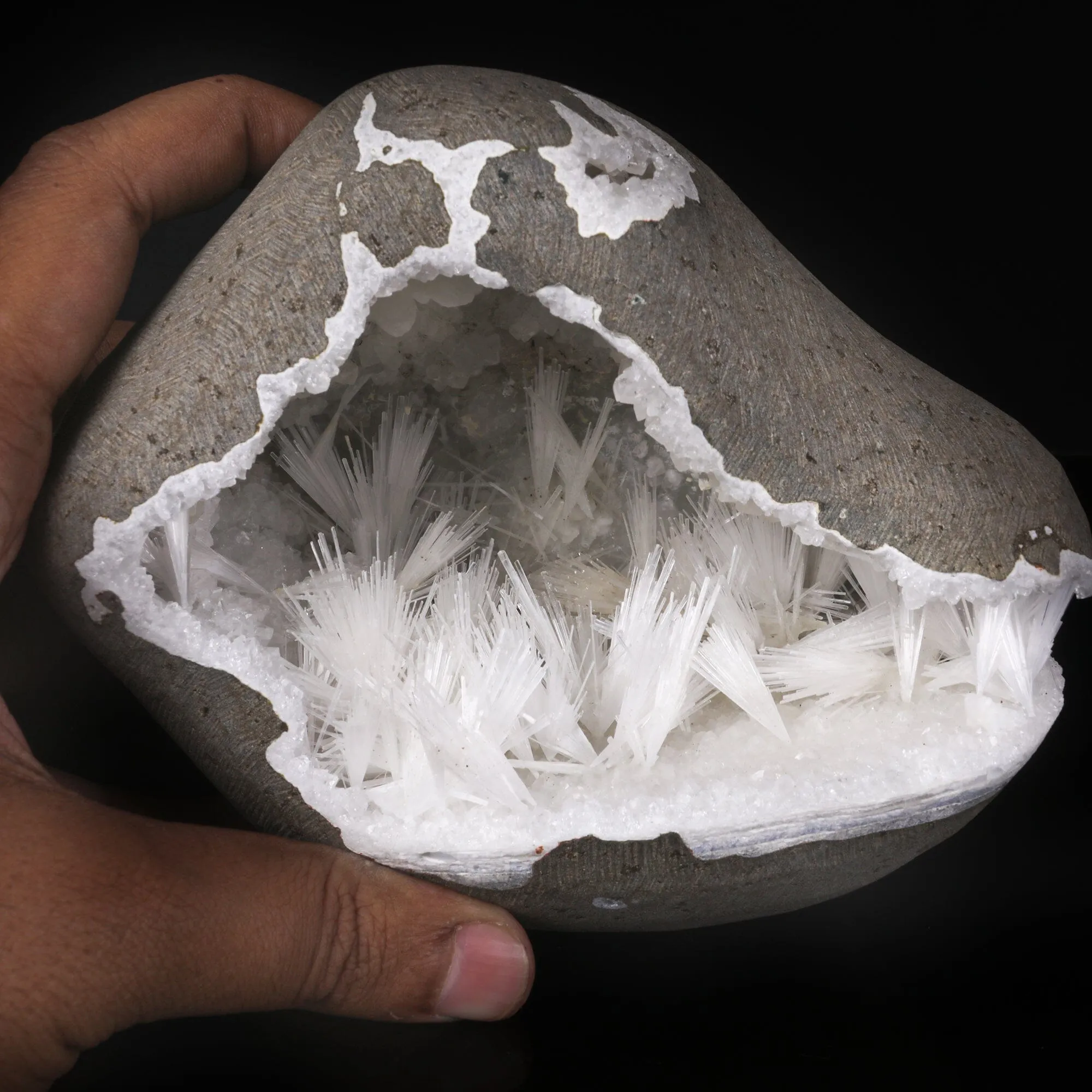 Multiple Scolecite Sprays  in MM Quartz Geode Natural Mineral Specimen - image 1