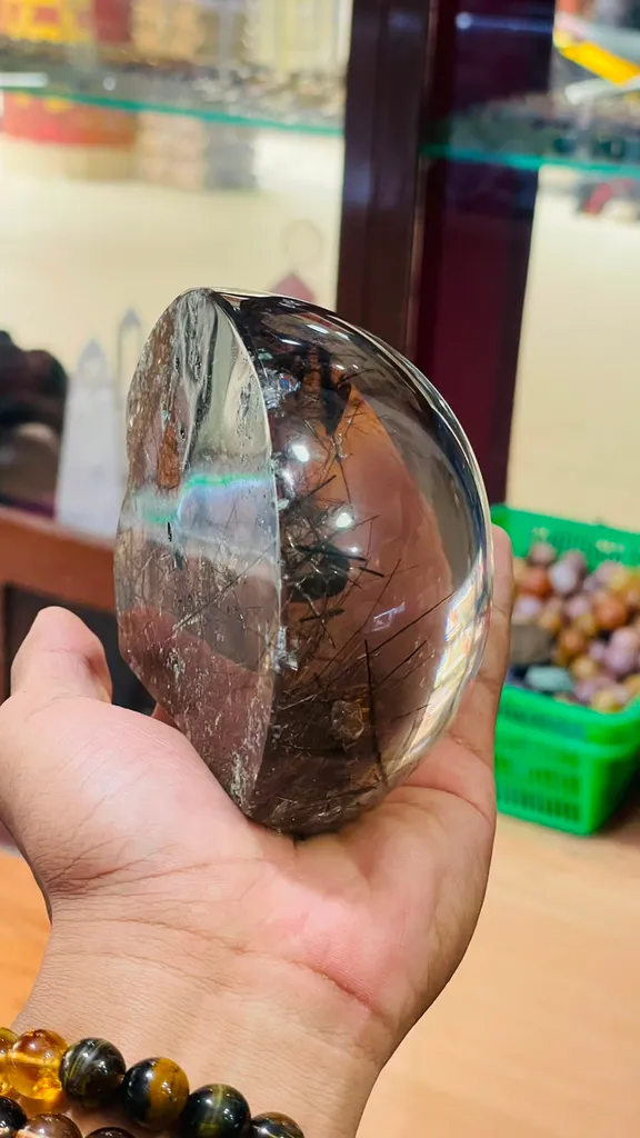 Museum-Grade Himalayan Black Rutile Quartz Polished Half-Sphere - image 2
