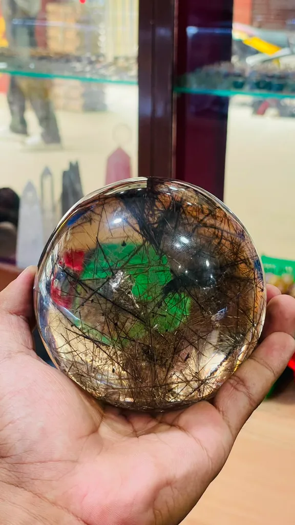 Museum-Grade Himalayan Black Rutile Quartz Polished Half-Sphere - image 3