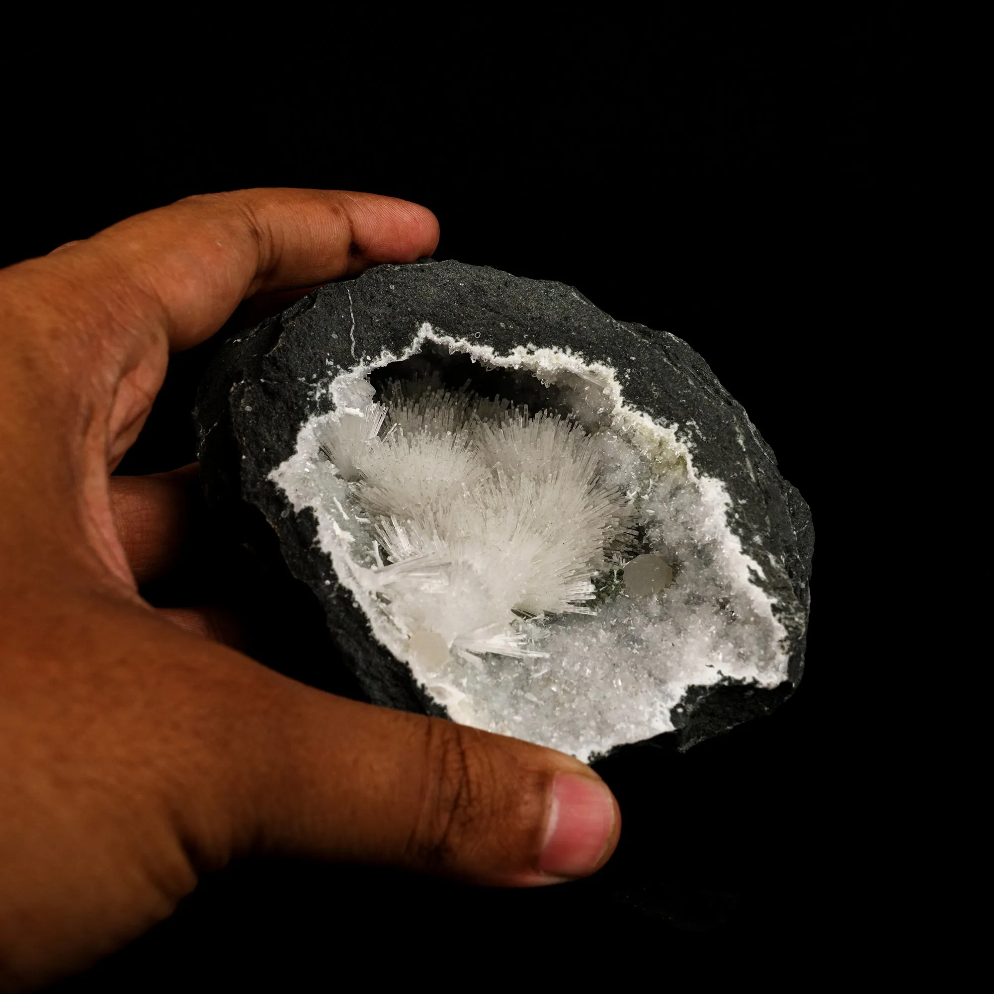 Natrolite Sprays Inside MM Quartz Geode Natural Mineral Specimen - image 5