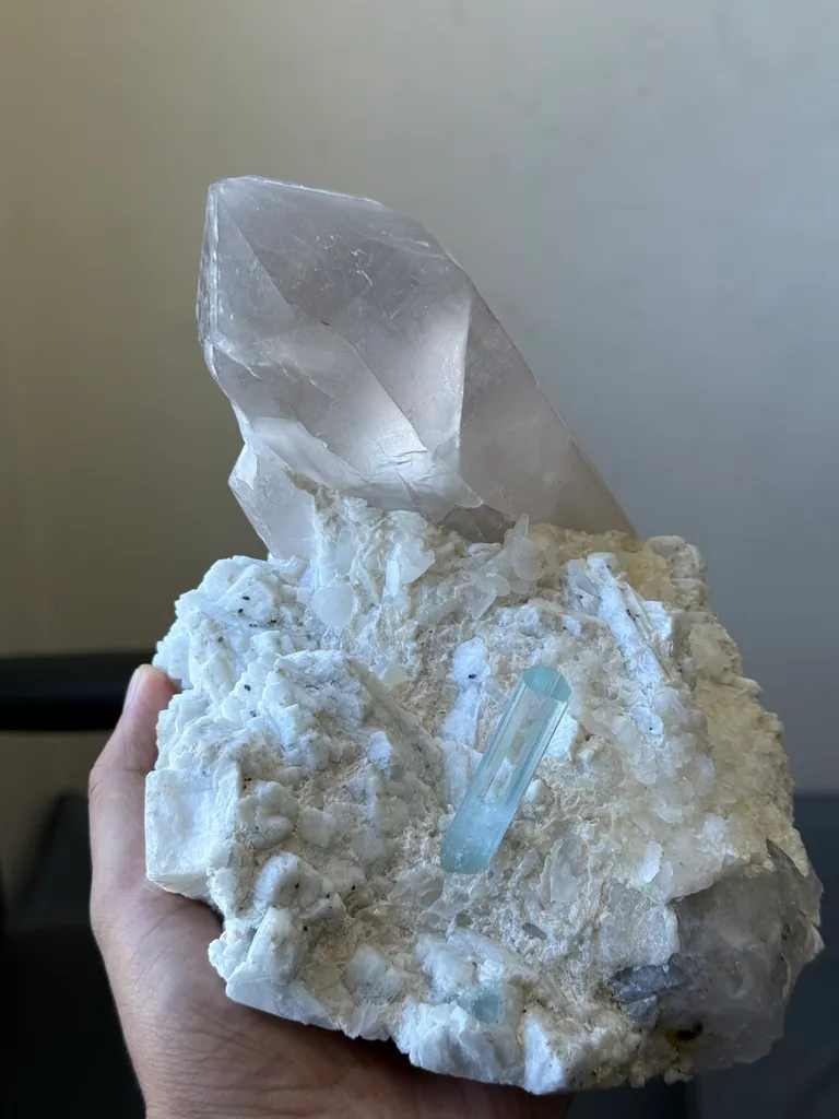 Natural Aquamarine Crystal on Cleavelandite Matrix with Quartz image