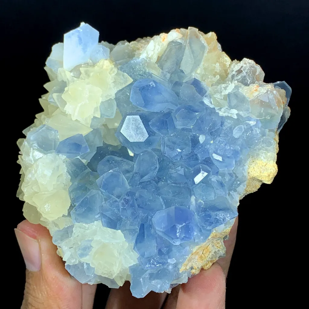 Natural Blue Color Celestine Crystals Cluster, Celestine Bunch, Celestine with Yellow Calcite, Celestine Specimen, Celestine from Baghdis, Afghanistan image