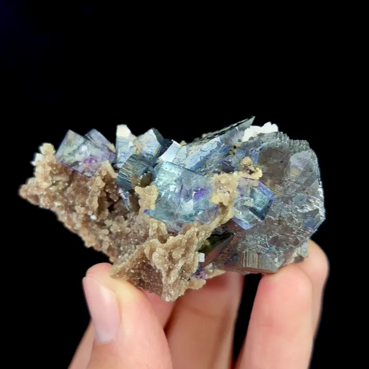 Natural Blue Cubic Fluorite and Arsenopyrite, Mineral Specimen:Yaogangxian,Hunan (60*30*50MM) image