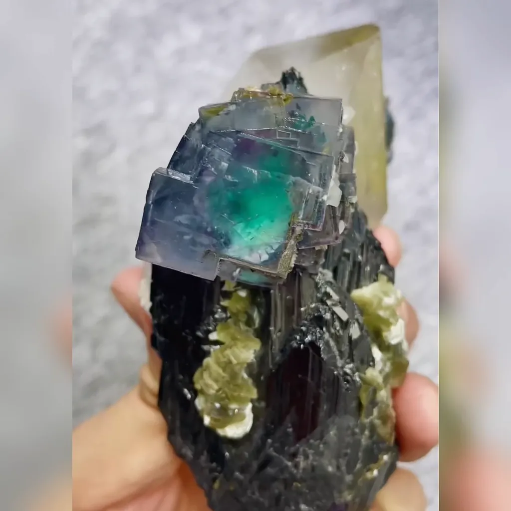 Natural Blue Cubic Fluorite and Black Wolframite and Quartz Tower Symbiosis comes from Yaogangxian,Hunan 55*90*90MM - image 5