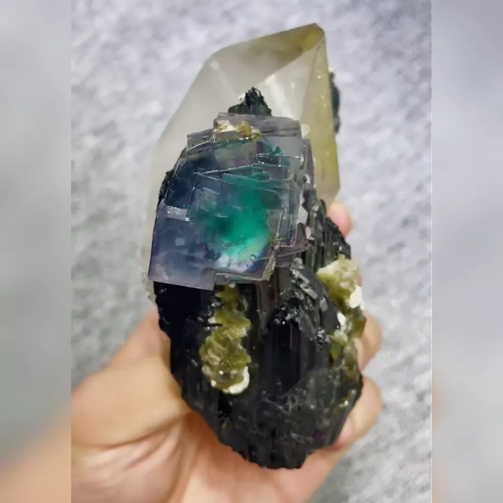 Natural Blue Cubic Fluorite and Black Wolframite and Quartz Tower Symbiosis comes from Yaogangxian,Hunan 55*90*90MM - image 8