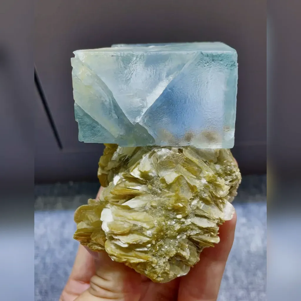 Natural Blue Cubic Fluorite and Lamellar Mica Symbiosis comes from Xuebaoding,Sichuan 60*60*90MM image