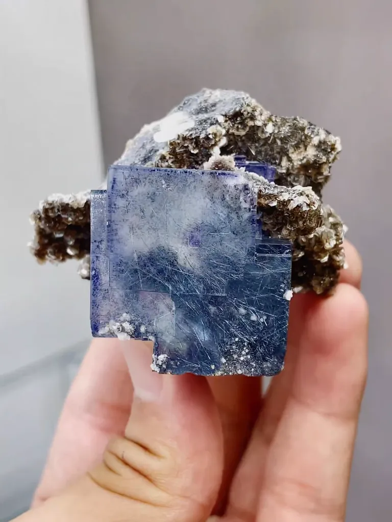 Natural Blue Cubic Fluorite coexists with Jamstenite and Mica comes from Yaogangxian,Hunan 50*60*40MM - image 5