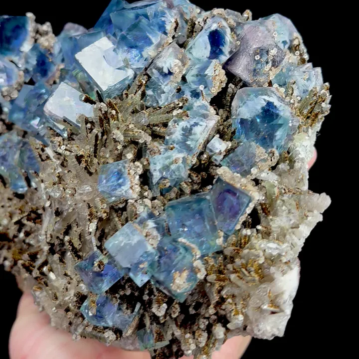 Natural Blue Cubic Fluorite with Quartz Cluster and Goethite, Mineral Specimen:Shizhuyuan,Chenzhou (170*140*90MM) - image 3