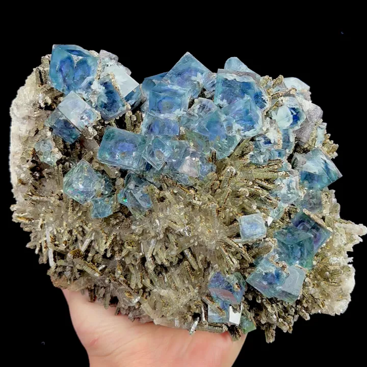 Natural Blue Cubic Fluorite with Quartz Cluster and Goethite, Mineral Specimen:Shizhuyuan,Chenzhou (170*140*90MM) - image 4