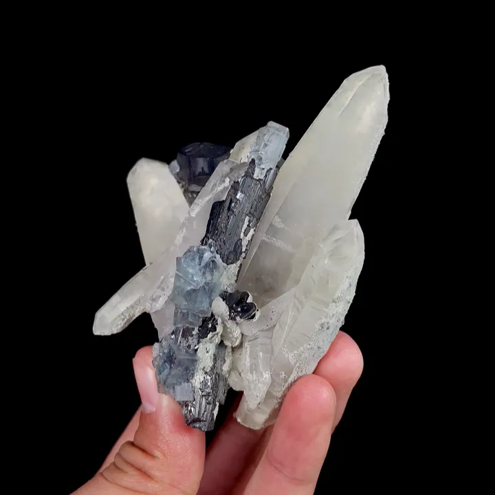 Natural Blue Fluorite, Quartz and Wolframite,Mineral Specimen:Yaogangxian,Hunan (75*85*45MM) image