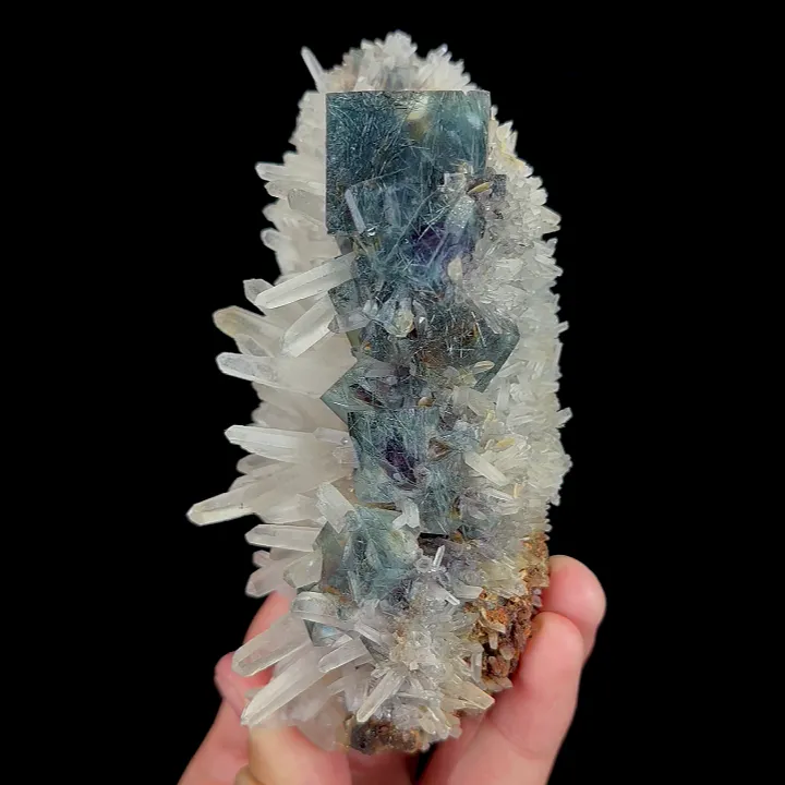 Natural Blue Fluorite with Bismuthinite and Quartz Clusters, Mineral Specimen:Yaogangxian,Hunan (130*60*55MM) image