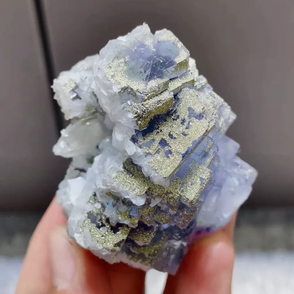 Natural Blue Fluorite with Pyrite and Calcite Symbiosis comes from Yaogangxian,Hunan 45*55*45MM image