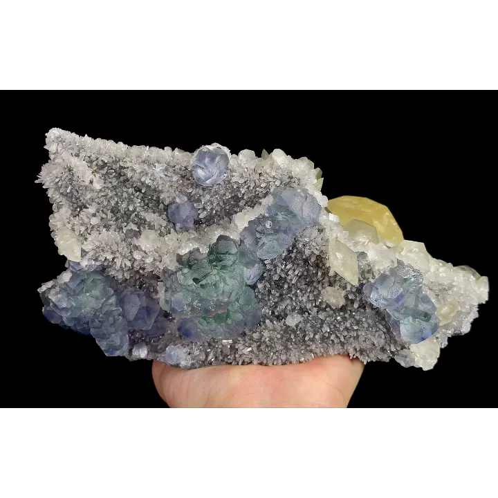 Natural Blue Heart Fluorite with Yellow Calcite and Quartz Cluster, Mineral Specimen:Fujian,China (190*115*80MM) image