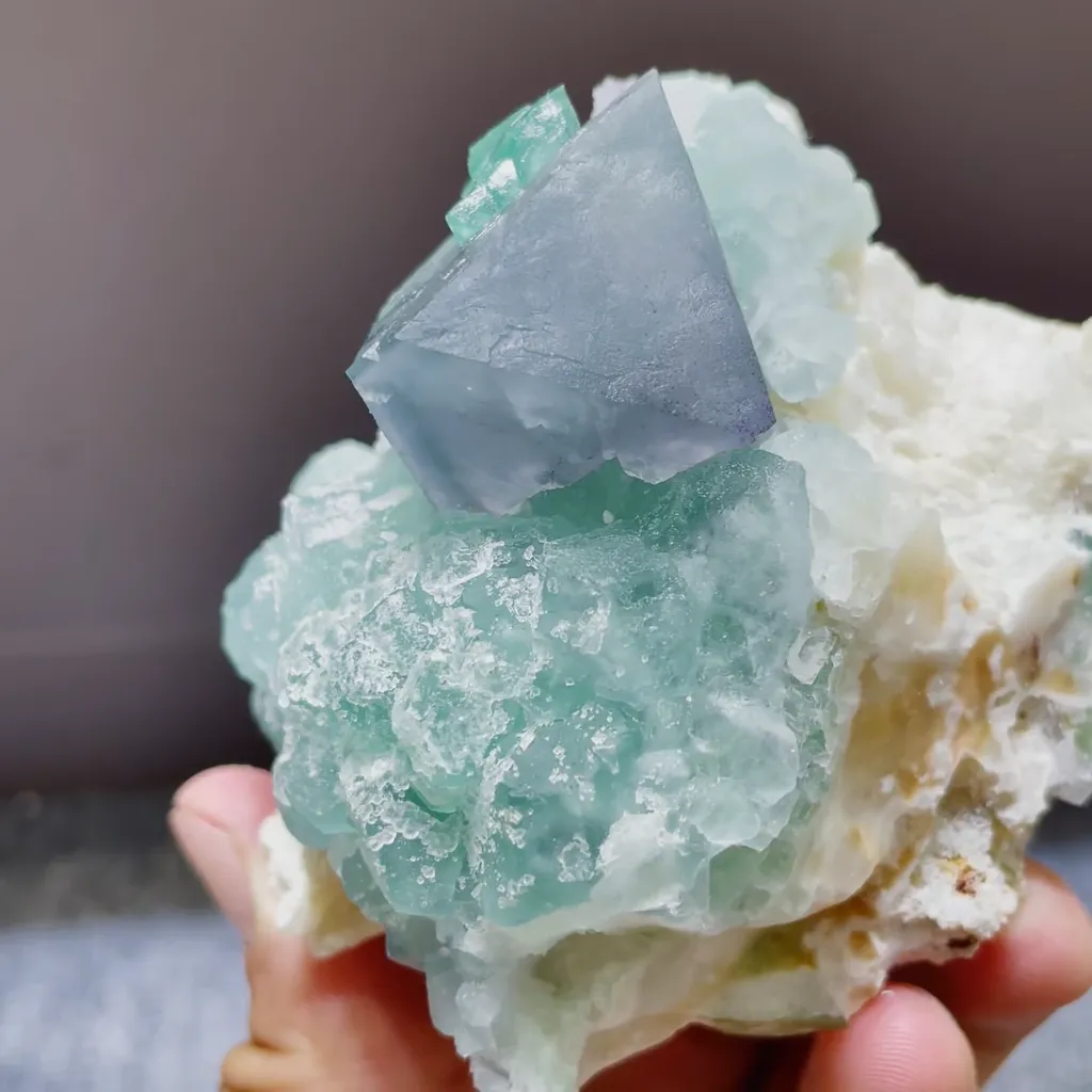 Natural Blue Octahedral Fluorite and Green Fluorite Symbiosis comes from Zhejiang,China 75*50*90MM - image 2