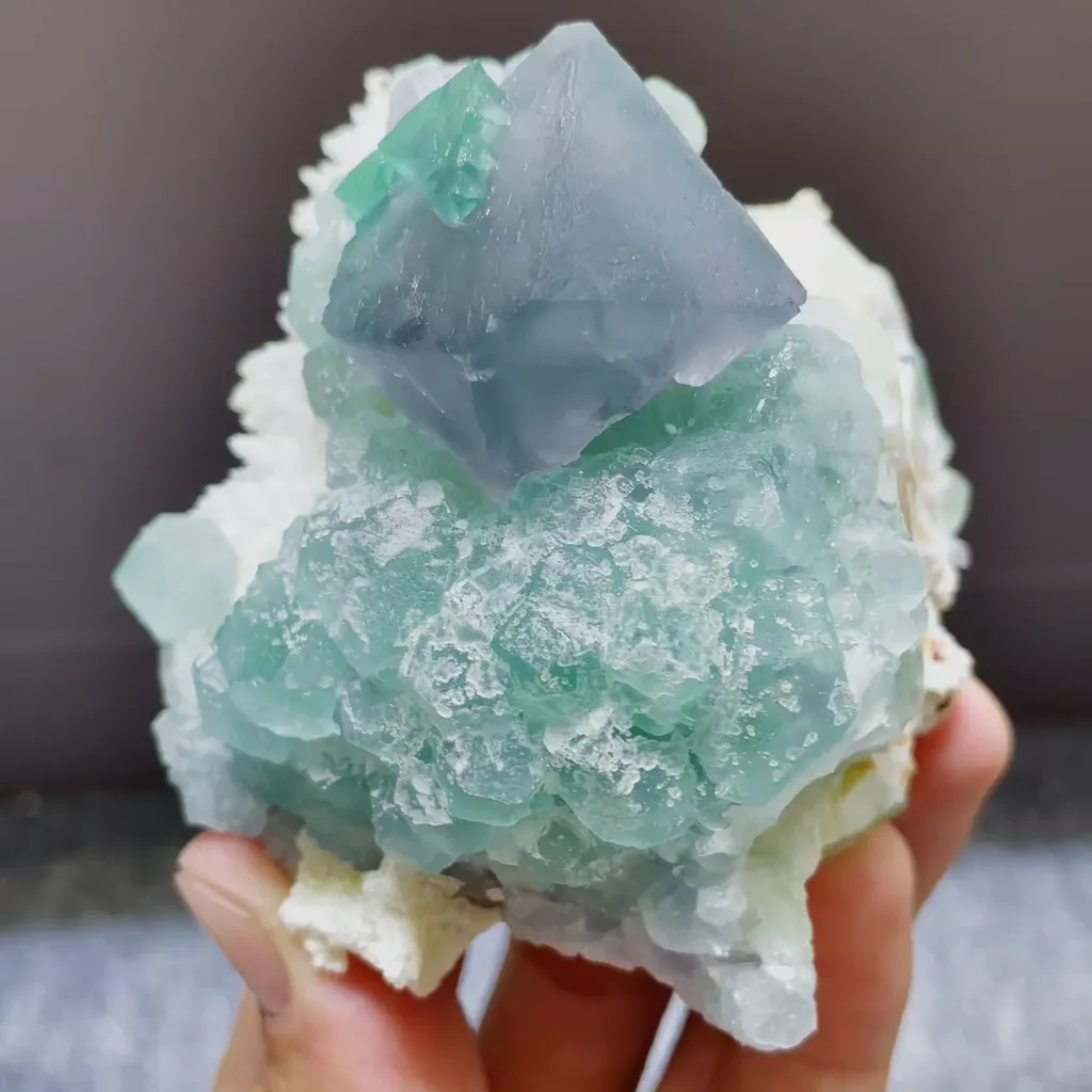 Natural Blue Octahedral Fluorite and Green Fluorite Symbiosis comes from Zhejiang,China 75*50*90MM image