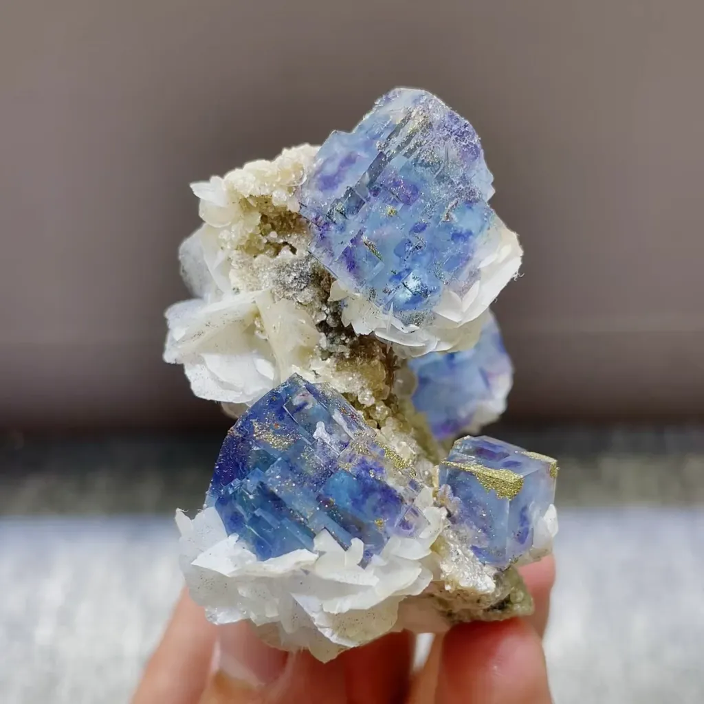 Natural Blue Phantom Fluorite with Pyrite and Flake Calcite Symbiosis comes from Yaogangxian,Hunan 40*65*45MM image