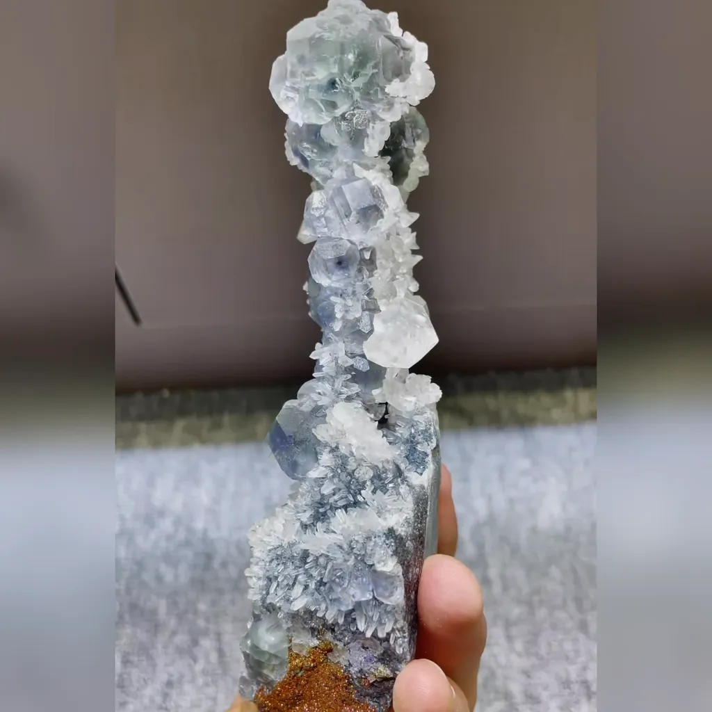 Natural Blue Phantom Fluorite with Quartz and Coloured Pyrite Symbiosis comes from Fujian,China 55*40*145MM - image 3
