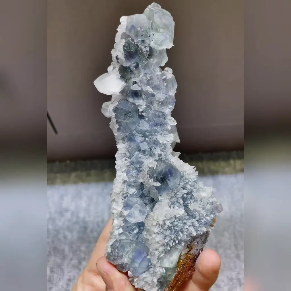 Natural Blue Phantom Fluorite with Quartz and Coloured Pyrite Symbiosis comes from Fujian,China 55*40*145MM image
