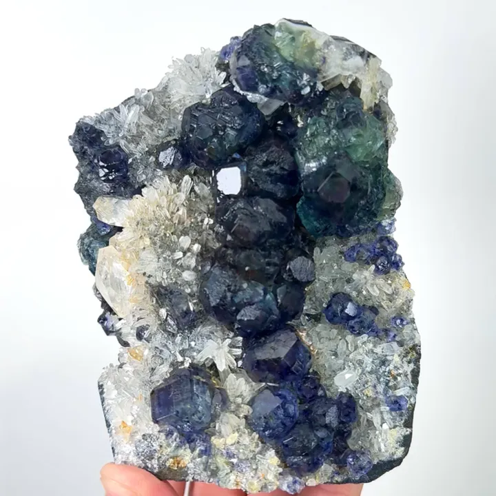 Natural Blue Phantom Fluorite with Quartz Cluster and Calcite, Mineral Specimen:Fujian,China (75*95*45MM) image