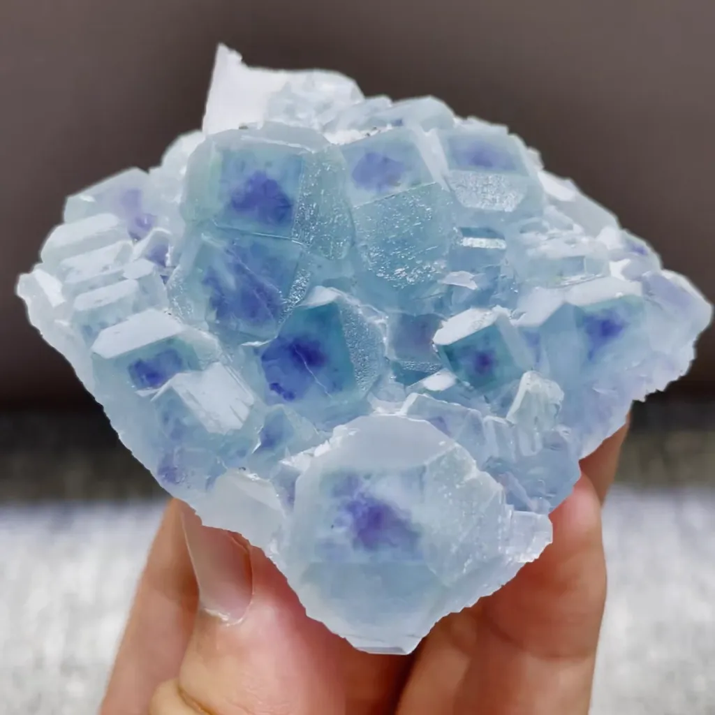 Natural Blue Purple Phantom Fluorite and Flake Calcite Symbiosis comes from Fujian,China 70*70*30MM image