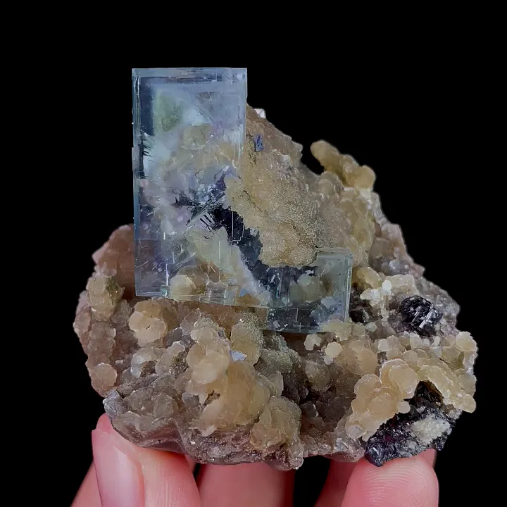 Natural Blue Transparent Cubic Fluorite with ,Mica and Arsenopyrite, Mineral Specimen:Yaogangxian,Hunan (50*55*45MM) image
