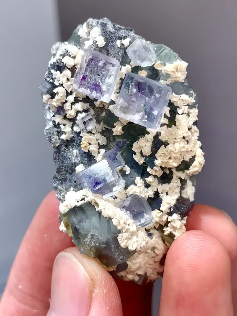 Natural Blue Vitreous Fluorite Green Phantom Fluorite and Dolomite Coexist comes from Zhejiang 50*25*15MM image