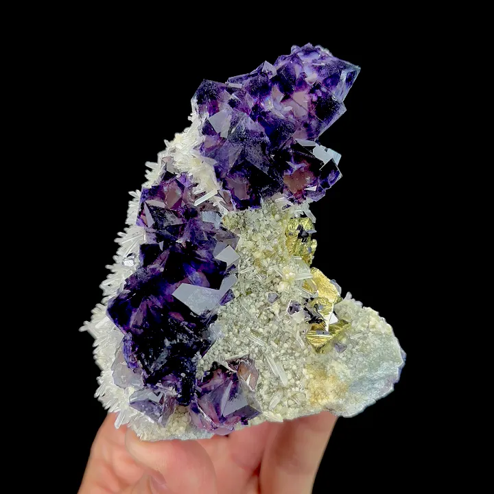 Natural Chalcopyrite Crystal and Purple Phantom Fluorite,Ladder Pattern Mineral Specimen:YINDU (85*100*45mm) image