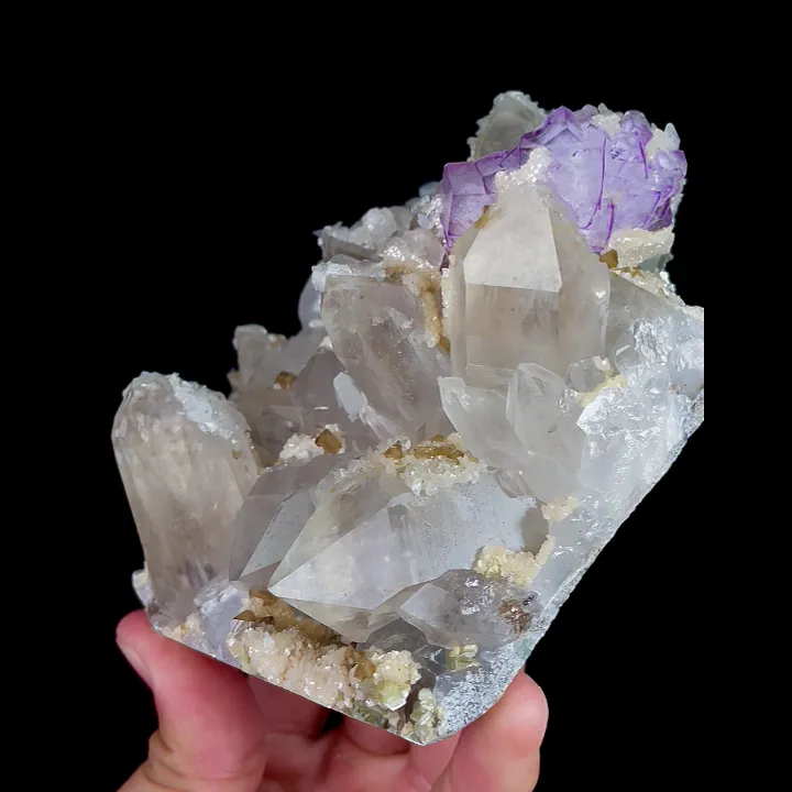 Natural Clear Quartz Cluster with Calcite and Purple Fluorite, Mineral Specimen: Yaogangxian,Hunan (90*130*60MM) image